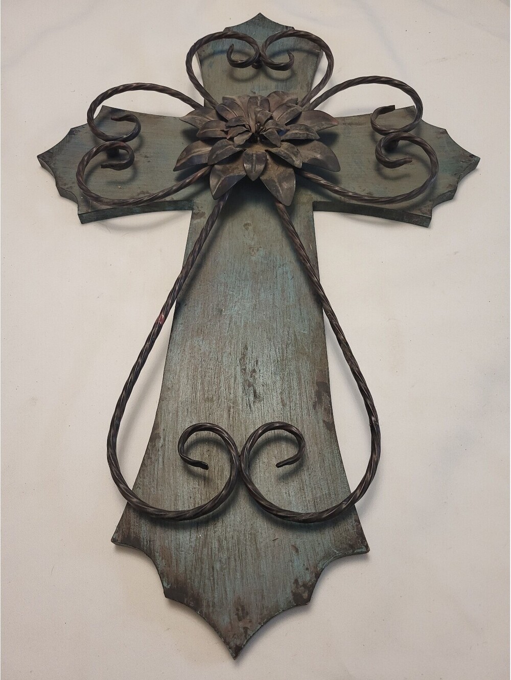 Decorative Rustic 23.5"x15.5" Cross with Metal Flower Accent